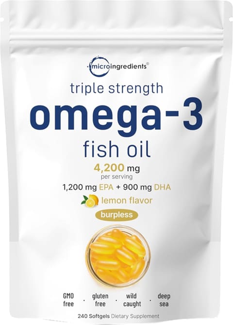 Triple Strength Omega-3 Fish Oil 4,200 MG Per Serving 1,200 MG EPA + 900 MG DHA Lemon Flavor Burpless 240 Softgels
