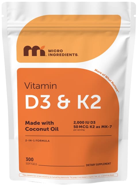 Micro Ingredients, Vitamin D3 + K2, 2,000 IU D3 + 50 mcg K2 MK-7, 300 Softgels