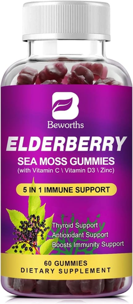 Beworths, Elderberry Sea Moss Gummies with Vitamin C, D3 & Zinc, 1,000 mg Elderberry, 60 Gummies