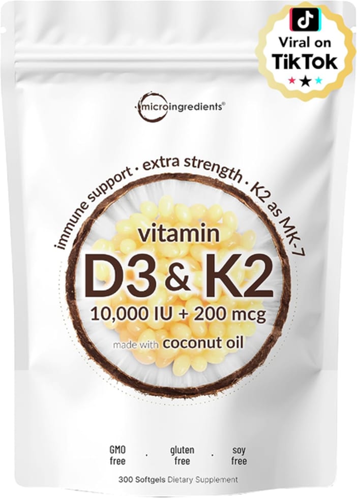 Micro Ingredients, Vitamin D3 & K2, 10,000 IU D3, 200 mcg K2, 300 Softgels