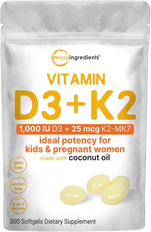 Micro Ingredients Vitamin D3 1,000 IU + K2 MK-7 25 mcg, 300 Softgels 1,000 IU + K2 MK-7 25 mcg 300 Softgels