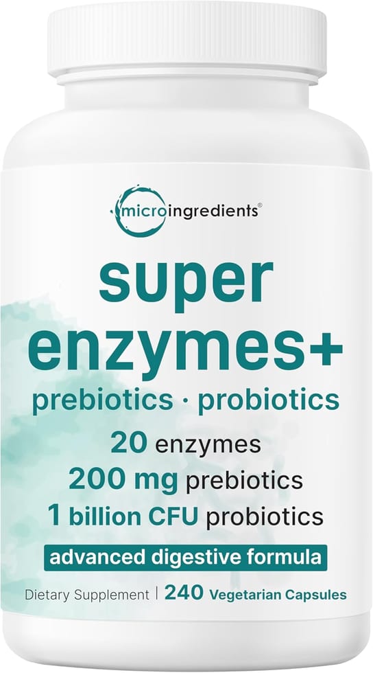 Micro Ingredients Super Enzymes with Prebiotics & Probiotics 240 Veggie Capsules 20 Enzymes, 200mg Prebiotics, 1 Billion CFU Probiotics 240 Veggie Capsules