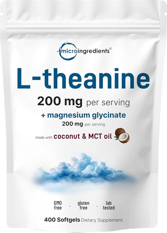Micro Ingredients, L-Theanine & Magnesium Glycinate, L-Theanine 200 mg, Magnesium Glycinate 200 mg, 400 Coconut MCT Oil Softgels