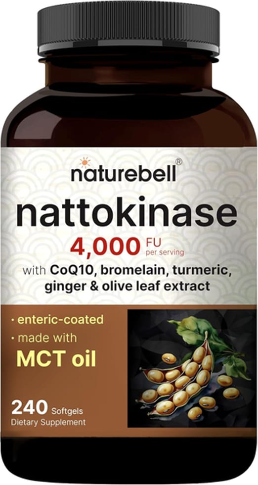 NatureBell Nattokinase with CoQ10, Bromelain, Turmeric, Ginger and Olive Leaf Extract 4,000 FU 240 Softgels
