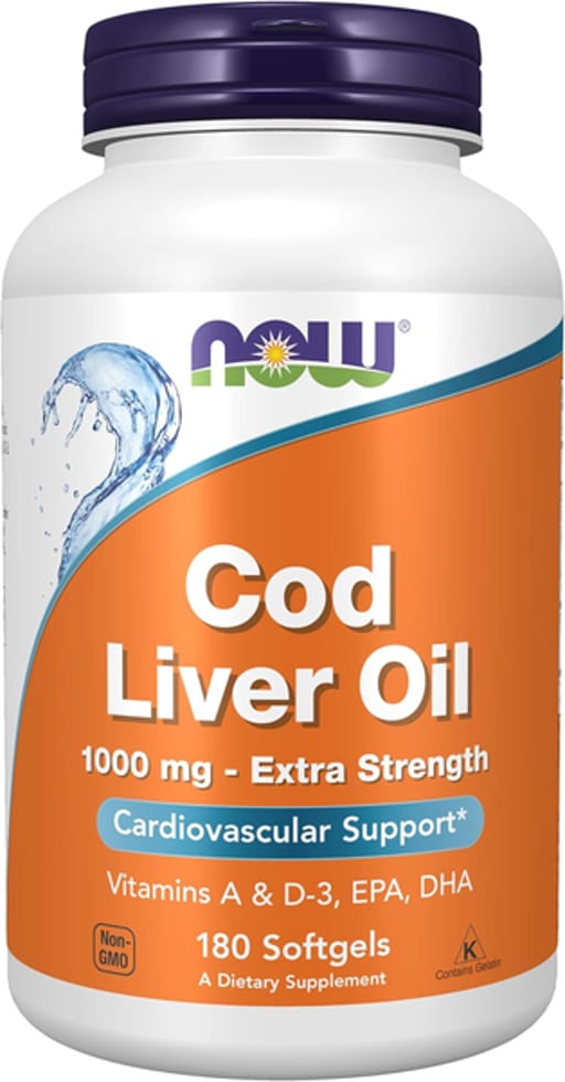 NOW Foods Cod Liver Oil, Extra Strength 1,000 mg with Vitamins A & D-3, EPA, DHA, 180 Softgels 1,000 mg 180 Softgels