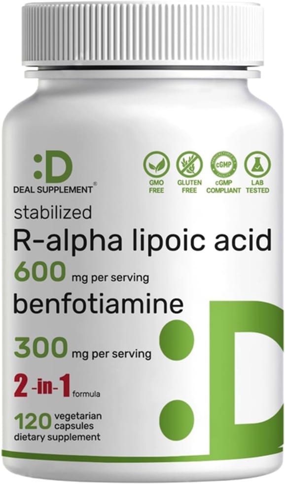 DEAL SUPPLEMENT Stabilized R-Alpha Lipoic Acid with Benfotiamine 600 mg R-alpha lipoic acid + 300 mg benfotiamine per serving 120 vegetarian capsules