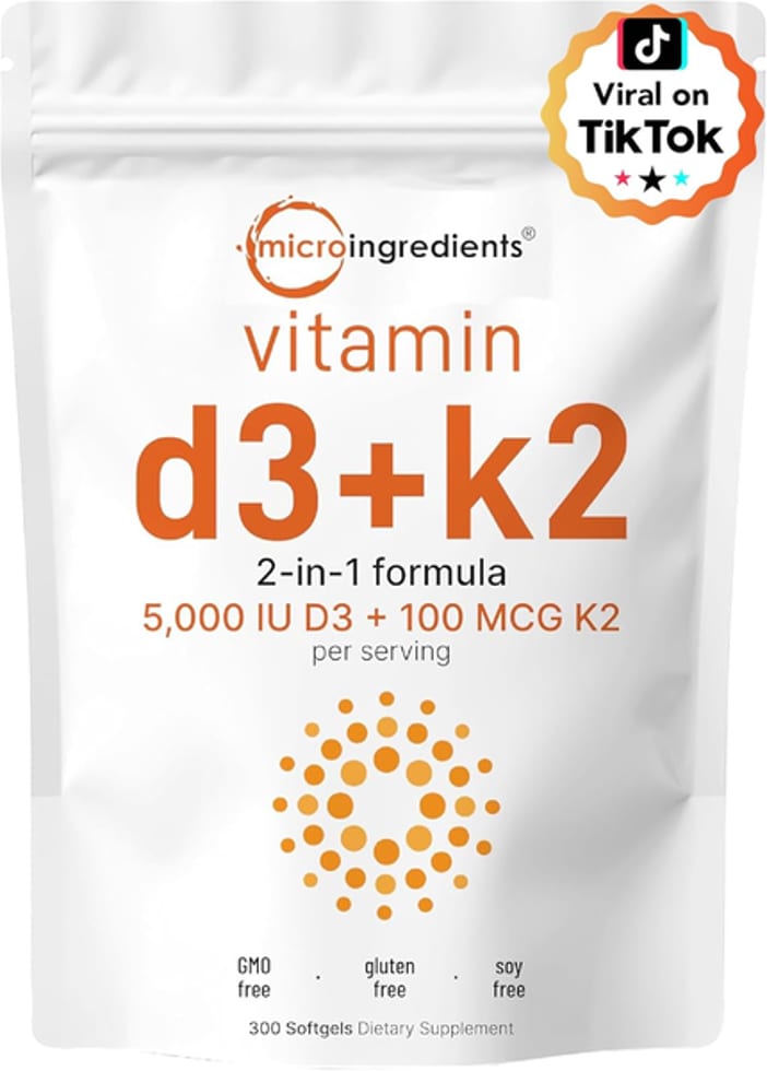 Micro Ingredients, Vitamin D3 + K2, 5,000 IU D3 + 100 mcg K2 (MK-7), 300 Softgels